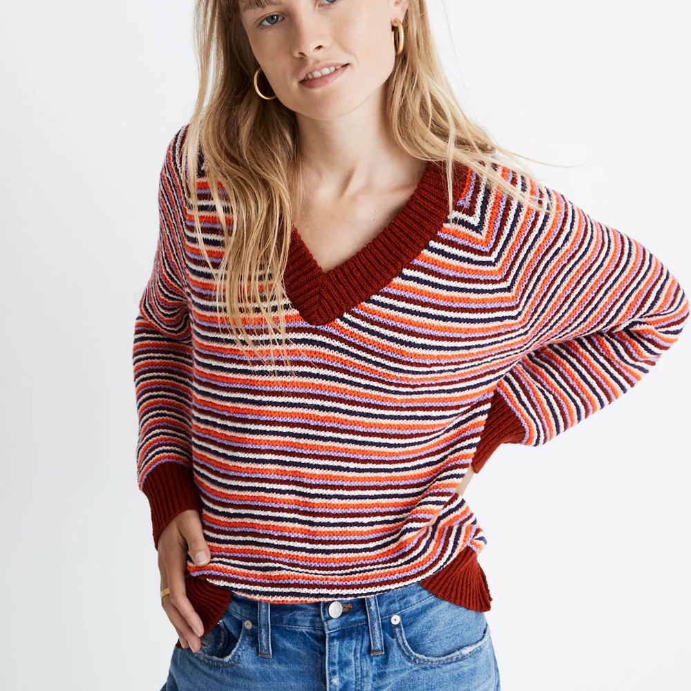Madewell Arden V-Neck Crop Pullover Multicolor Stripe Sweater